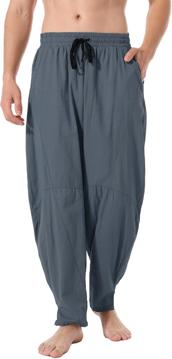 Men's Linen Cotton Loose Fit Casual Lightweight Elastic Waist Summer Beach Pants