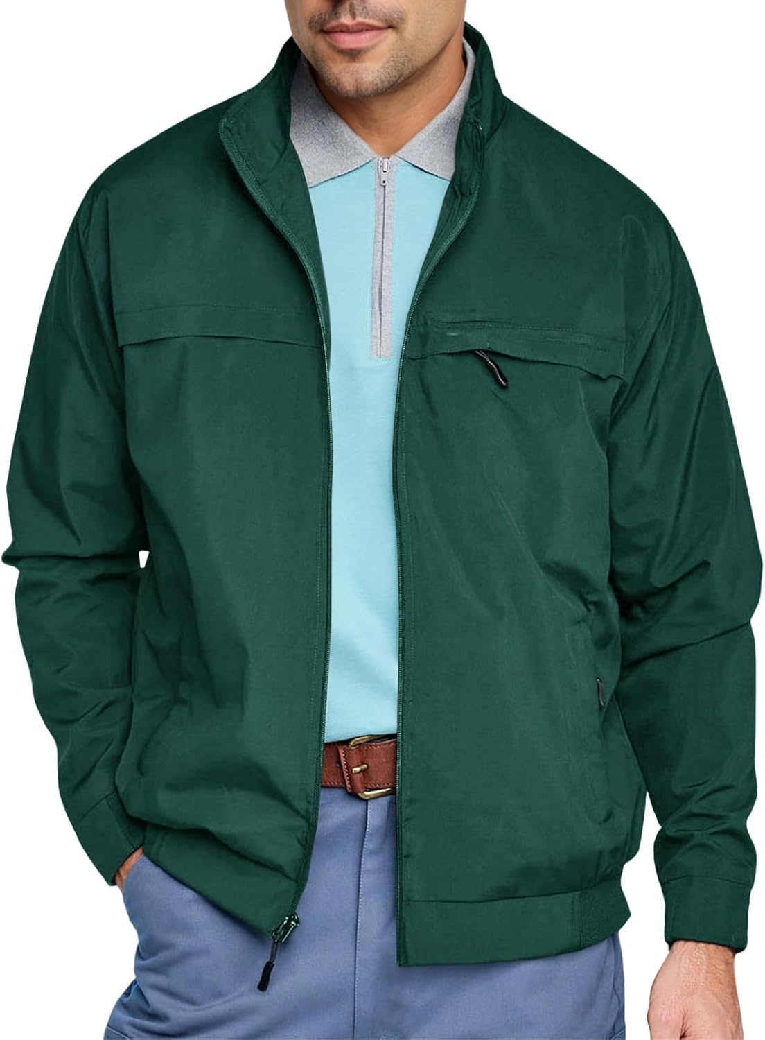 Men's Lightweight Full Zip Jackets Golf Stand Collar Bomber Jacket Casual Windbreaker Outwear
