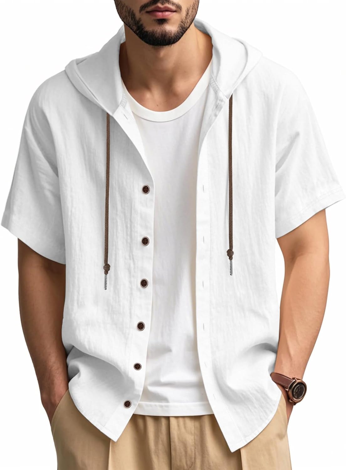 Mens Cotton Linen Hoodies Short Sleeve Button Down Shirts Casual Hawaiian Beach Yoga Sweatshirts