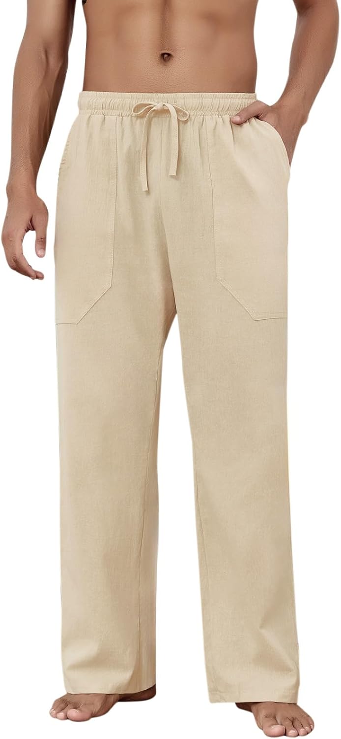 Cotton Linen Pants Men Casual Loose Fit Elastic Drawstring Waist Summer Beach Pants