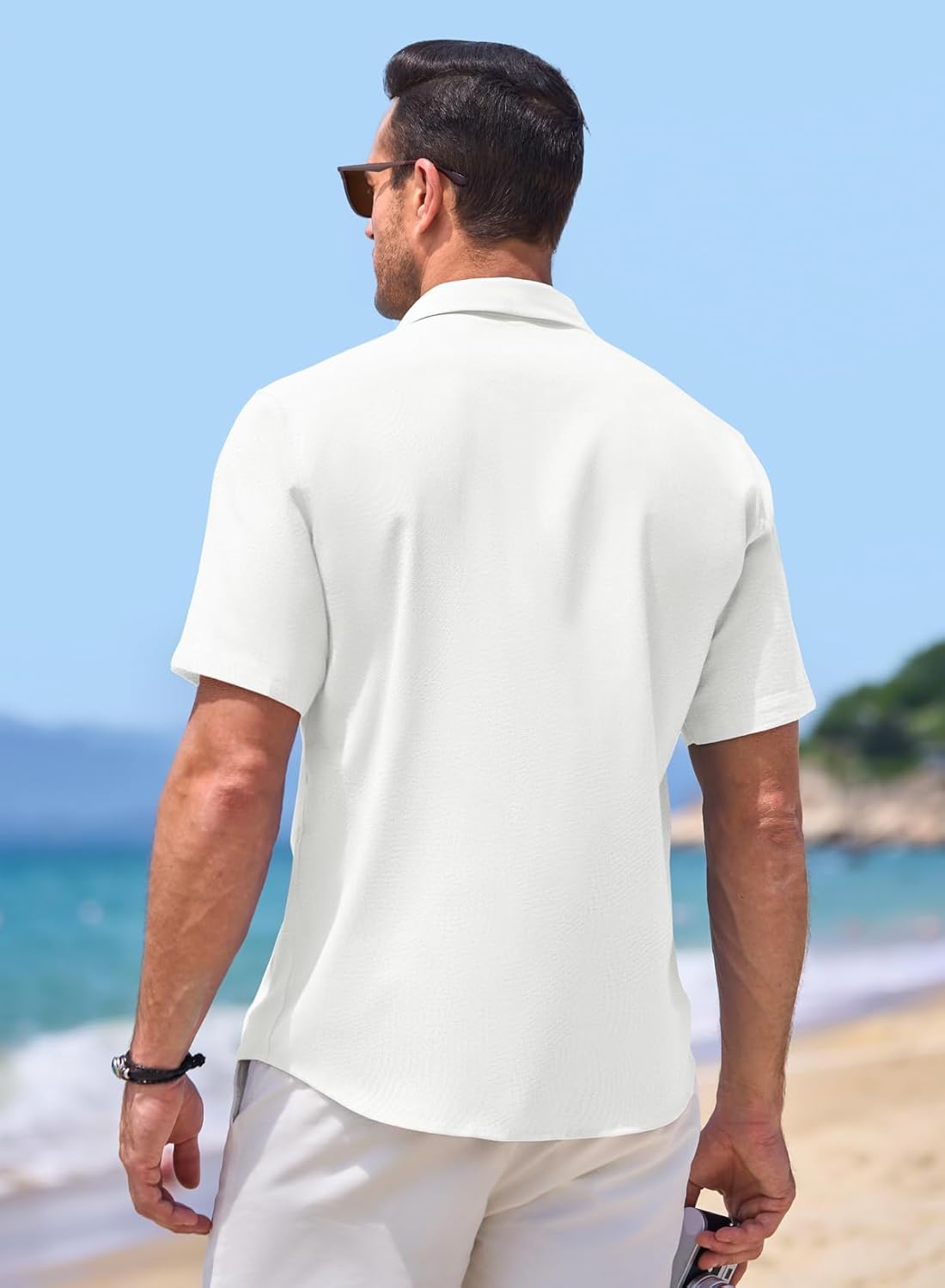 Men‘s Linen Shirts Short Sleeve Summer Button Down Casual Beach Hawaiian Shirt with Pocket