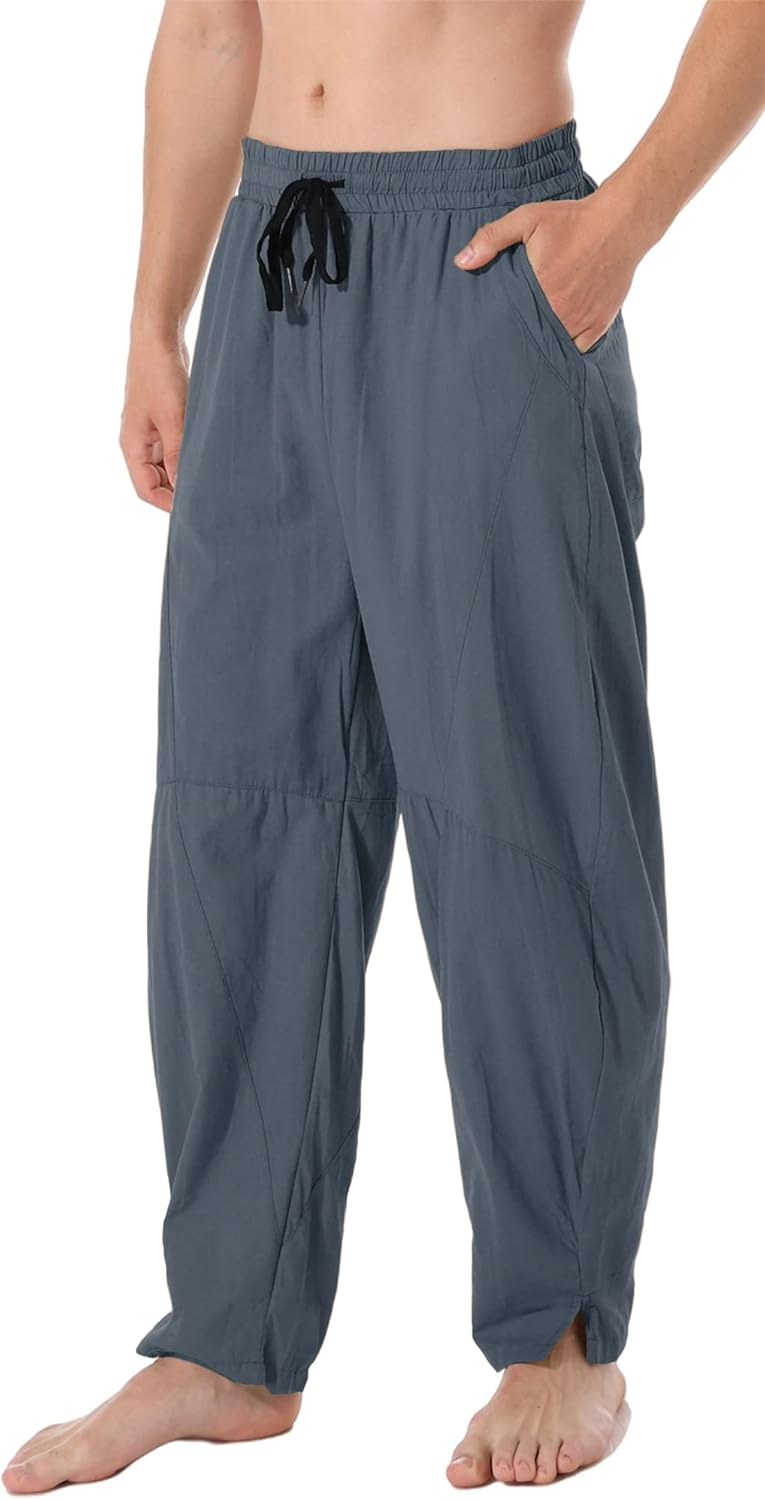 Men's Linen Cotton Loose Fit Casual Lightweight Elastic Waist Summer Beach Pants