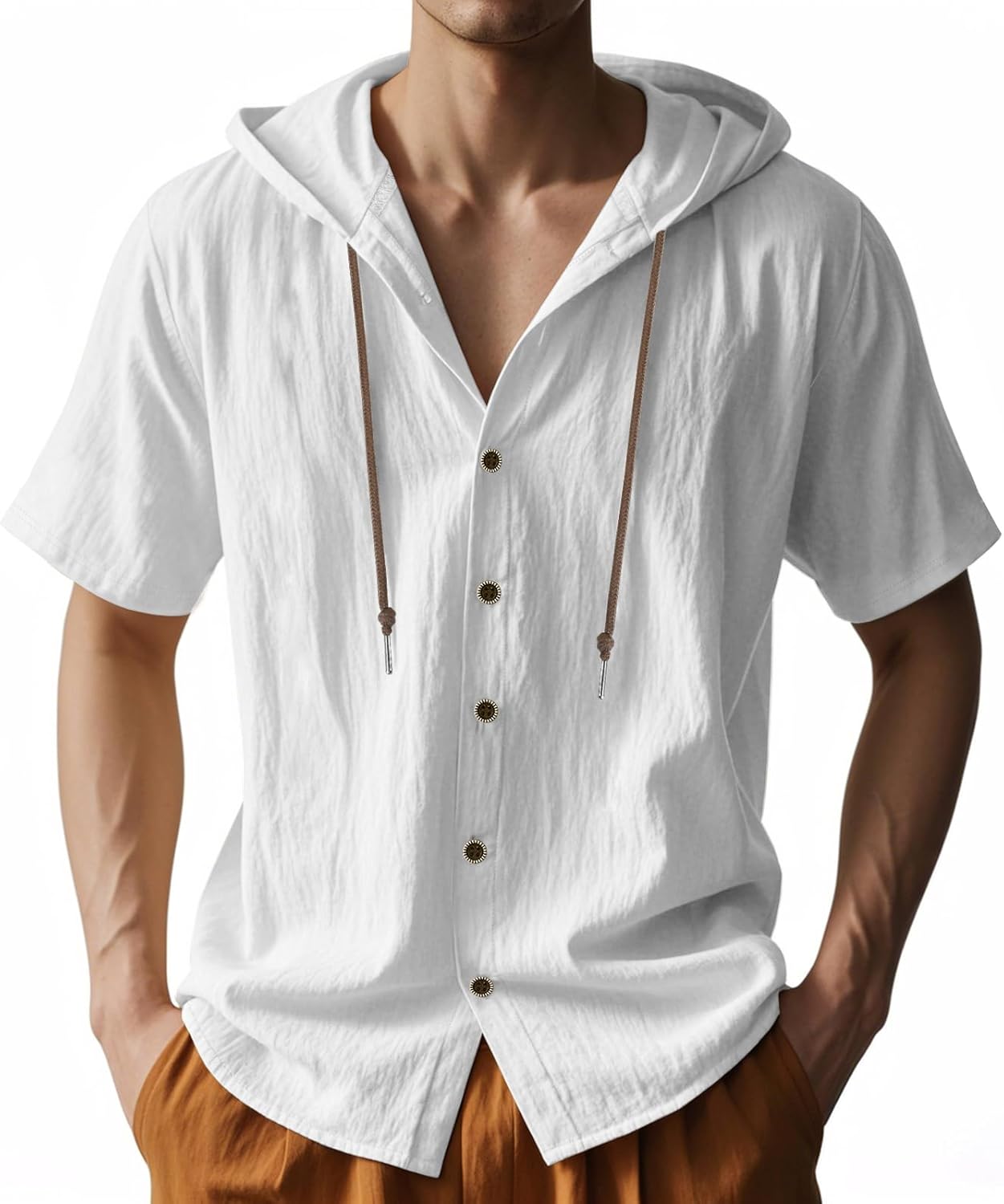 Mens Cotton Linen Hoodies Short Sleeve Button Down Shirts Casual Hawaiian Beach Yoga Sweatshirts