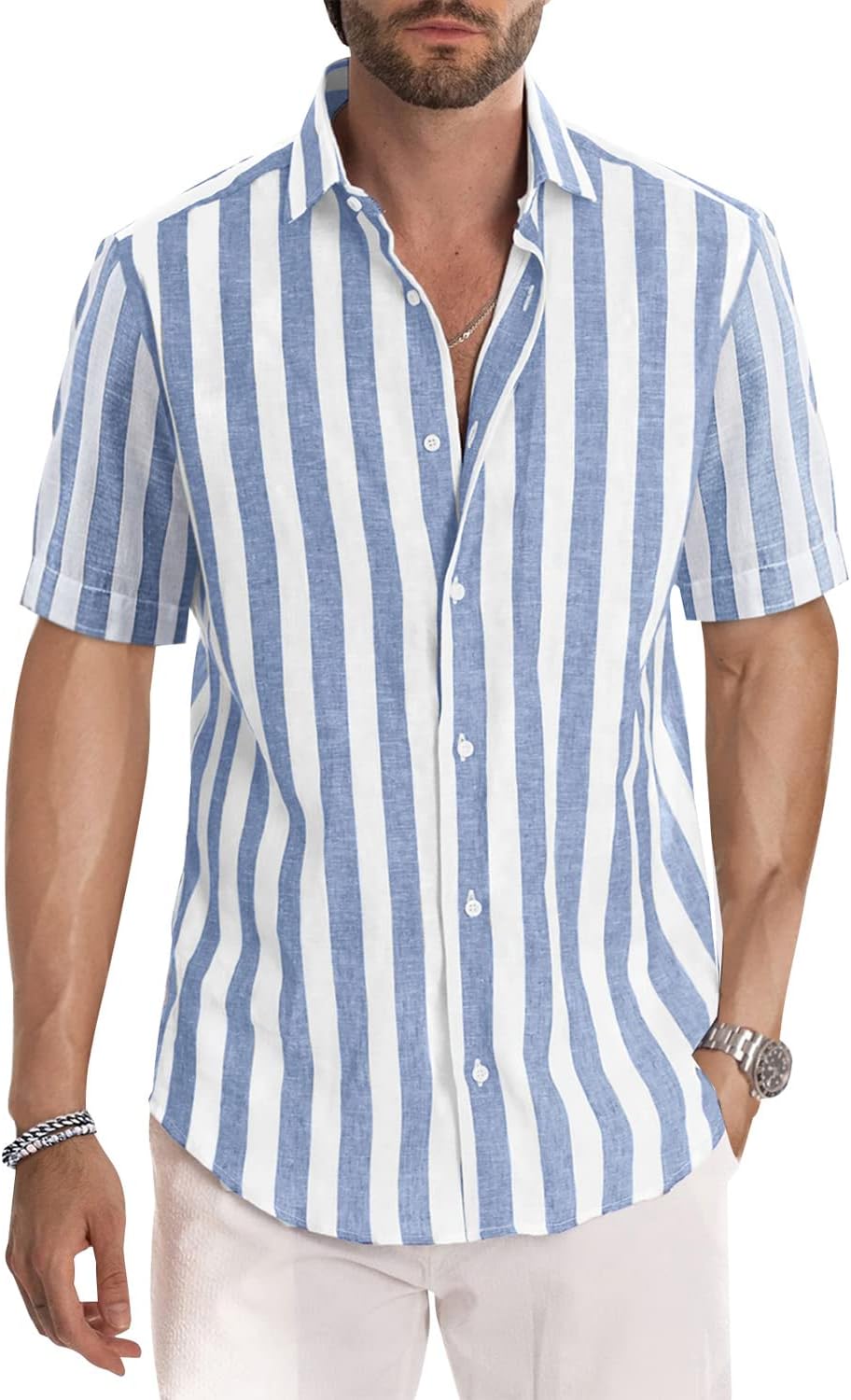 Men's Casual Stylish Short Sleeve Button-Up Striped Dress Shirts Cotton Beach Shirt