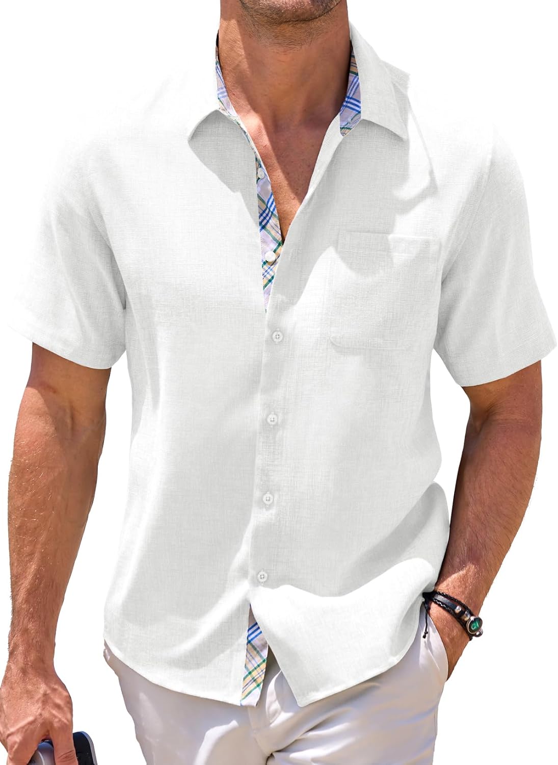 Men‘s Linen Shirts Short Sleeve Summer Button Down Casual Beach Hawaiian Shirt with Pocket