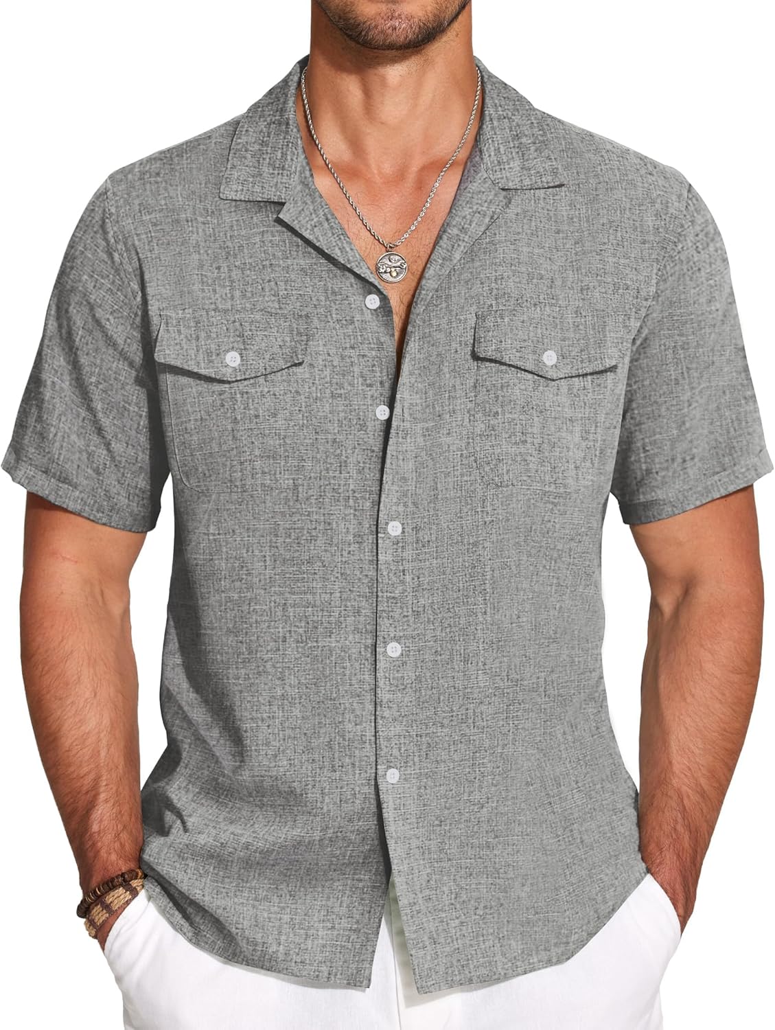 Men's Linen Short Sleeve Button Down Shirt Casual Cuban Collar Summer Beach Shirts Vacation Essentials