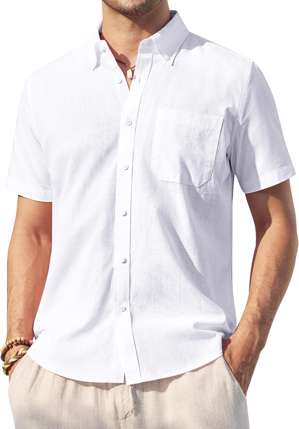 Mens Linen Shirt Short Sleeve Casual Cotton Button Down Shirts Collared Summer Beach Shirts