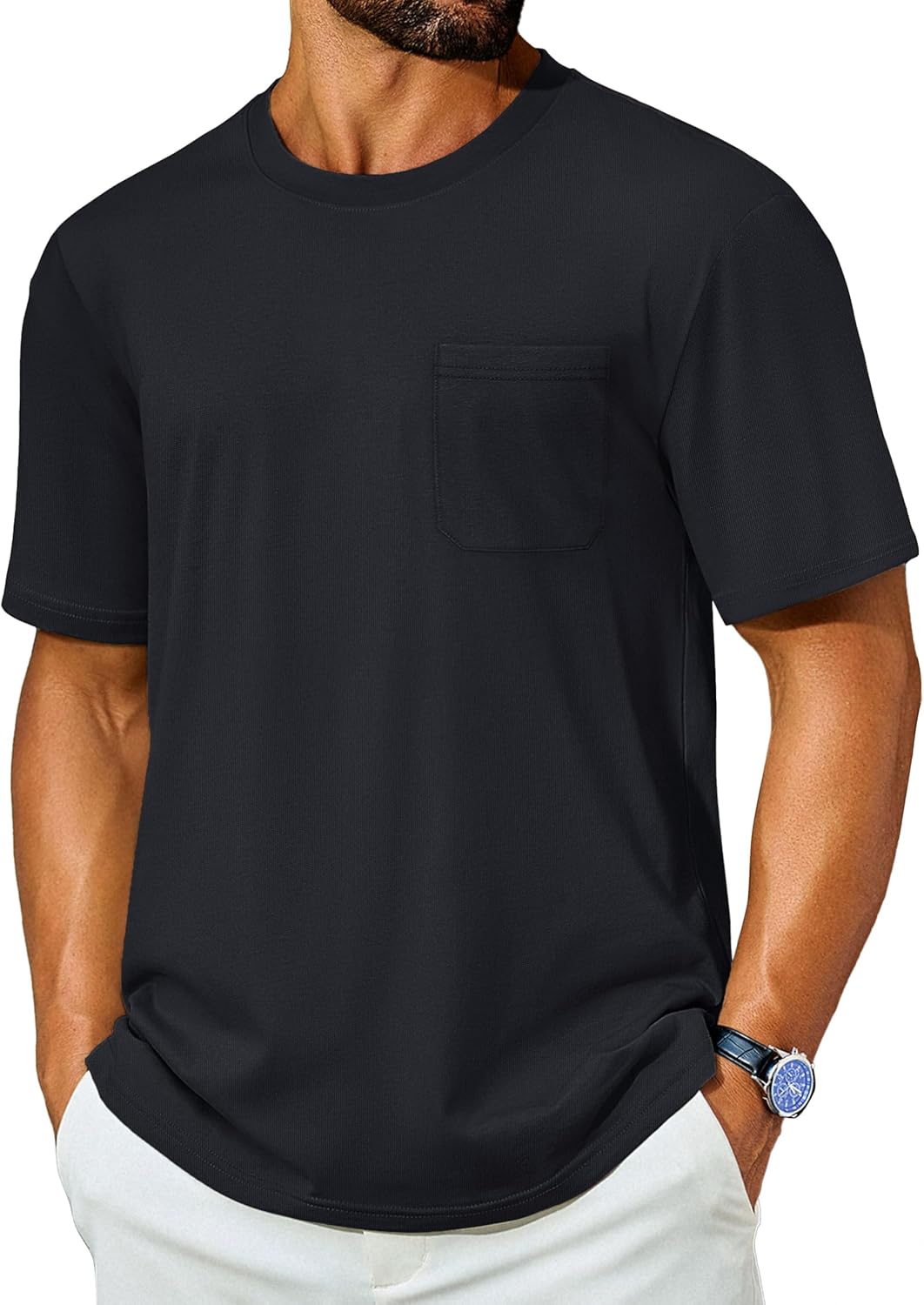 Mens T-Shirts Cotton Short Sleeve Pocket Tee Shirt Casual Crew Neck Moisture Wicking Soft Basic T Shirts