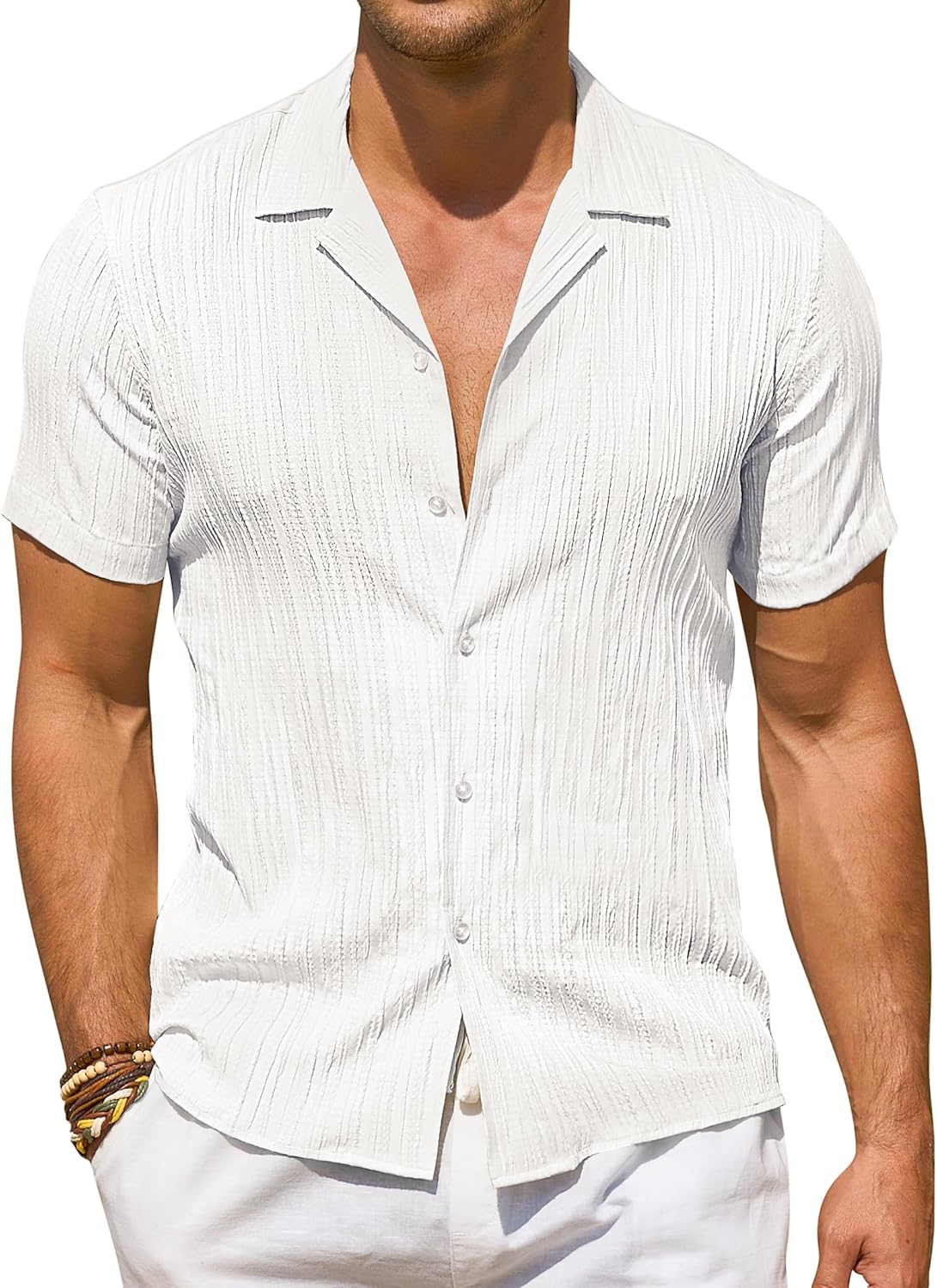 Mens Short Sleeve Button Down Shirts Textured Linen Shirts for Men Casual Button Up Summer Beach Shirt Vacation